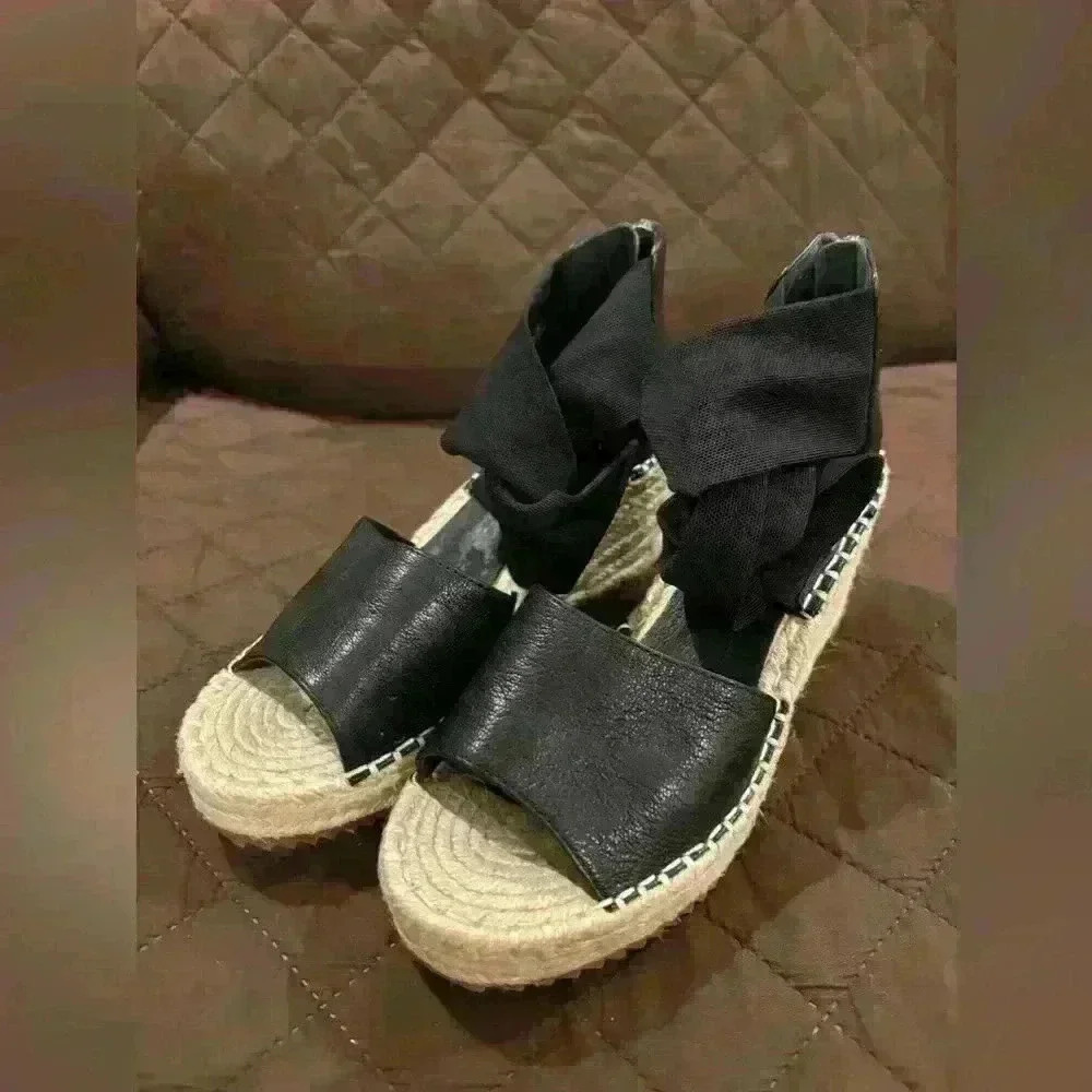 Eileen Fisher Wiley Sandals Shoes 6 Black Leather Zip Up Wedge Knot Espadrille - Picture 1 of 10